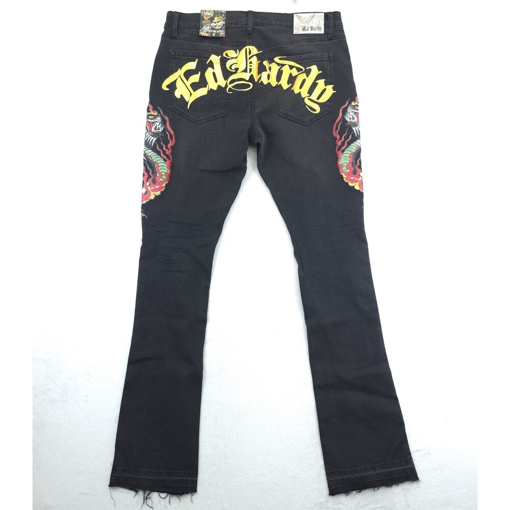 Ed Hardy Jeans Mens Size 34x36 Black Denim Stacked Boot Cobra Streetwear NWT